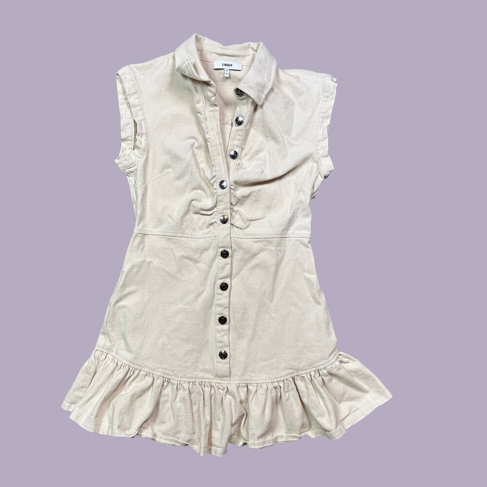 Likely Ruby 100% Cotton Ivory Cream White Denim Button Ruffle Mini Dress Size 6 - Picture 2 of 7
